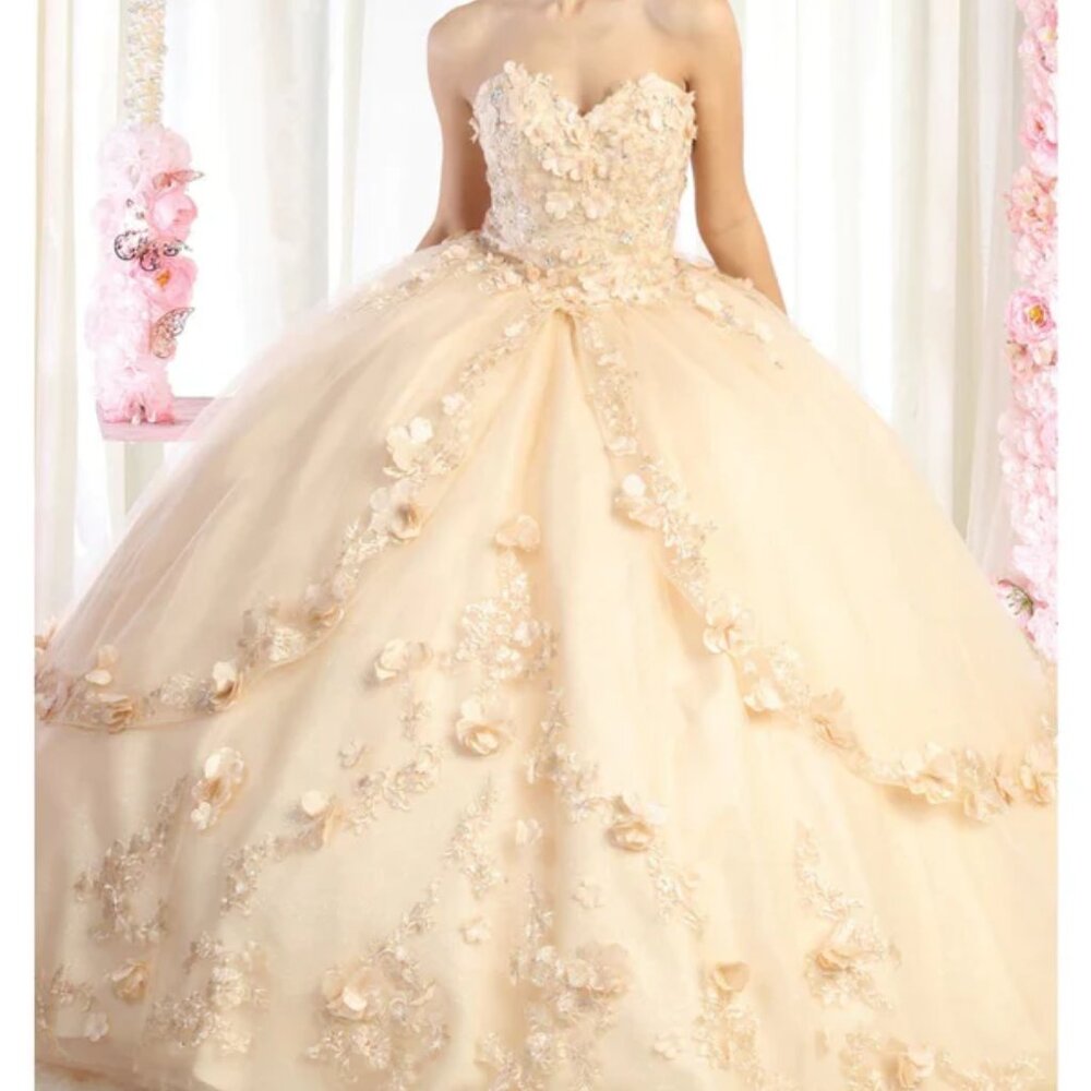 Champagne Gold Formal Ball Gown.Wedding Quinceanera strapless prom dress